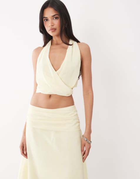 Esclusiva The Frolic - Top in chiffon color limone allacciato al collo con laccetti laterali in coordinato - view 1