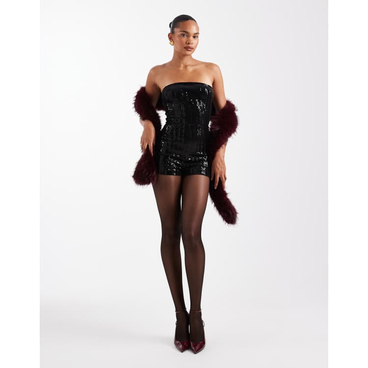 Esclusiva The Frolic Tuta corta a fascia con paillettes nera ASOS