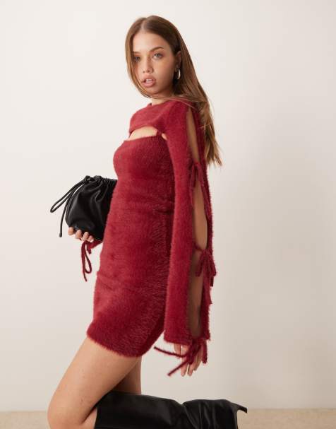 Esclusiva The Frolic - Vestito corto soffice bordeaux in maglia con cut-out e fiocchi sulle maniche - view 1