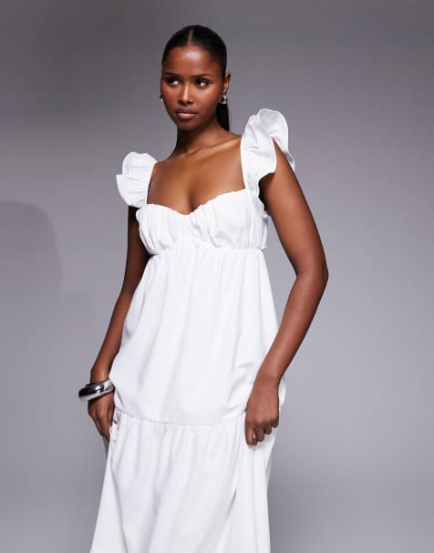 Esclusiva The Frolic - Vestito lungo a balze in misto cotone bianco con volant allacciato sul retro - view 1