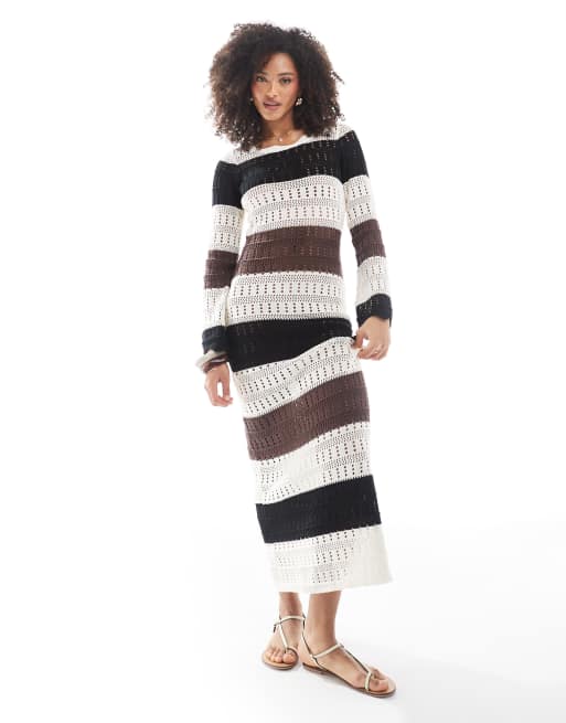 Esclusiva The Frolic - Vestito lungo da spiaggia a maniche lunghe in maglia all'uncinetto a righe tono su tono  