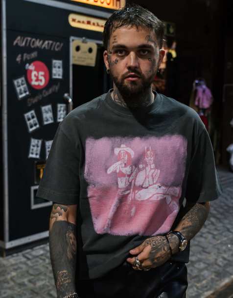 Esclusiva Topman x Mason Newman - T-shirt squadrata testurizzata nero slavato con stampa Newman 37 sul davanti e sul retro - view 1