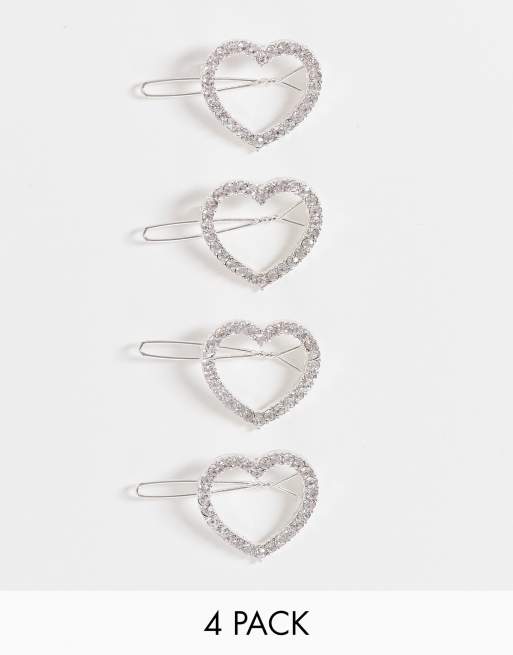 Esclusiva True Decadence - Confezione multipack da 4 fermagli per capelli color argento a forma di cuore con piccoli strass