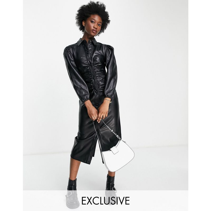 Vestiti Donna Esclusiva Urban Bliss - Vestito arricciato sul davanti in pelle sintetica nero