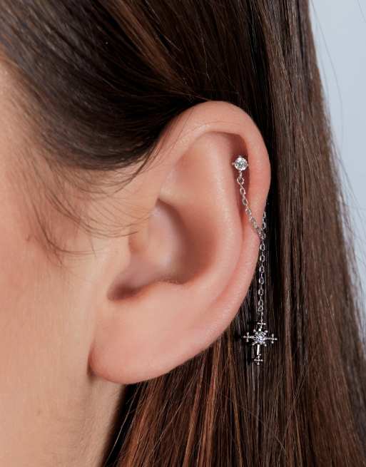 Esclusiva With Bling - Orecchino a bilanciere placcato argento con catenina e croce con cristalli, 3 di 4