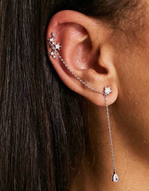 Esclusiva With Bling - Orecchino a bottone con stella di cristallo e ear cuff con catena per orecchio sinistro placcato argento, 2 di 4