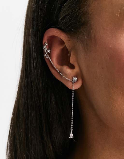 Esclusiva With Bling - Orecchino a bottone con stella di cristallo e ear cuff con catena per orecchio sinistro placcato argento, 4 di 4
