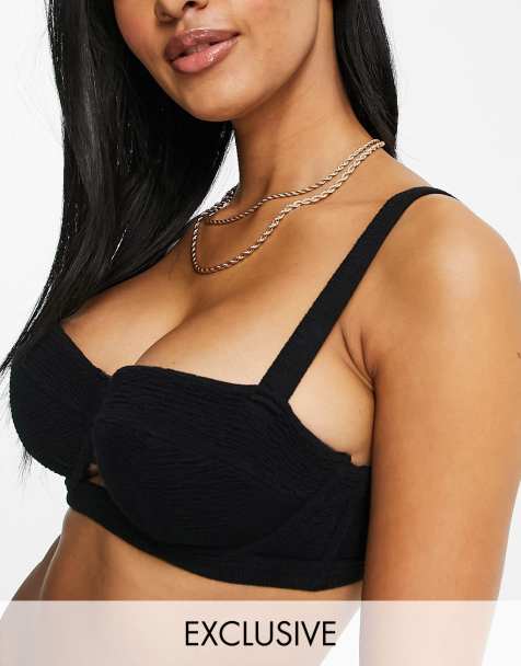 Esclusiva Wolf & Whistle Coppe Grandi - Top bikini con ferretto in tessuto stropicciato nero - view 1