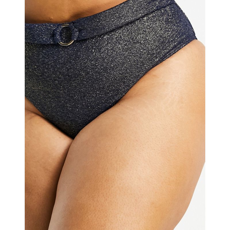 Donna O1K2g Esclusiva Wolf & Whistle Curve - Slip bikini a vita alta blu navy glitterato con cintura