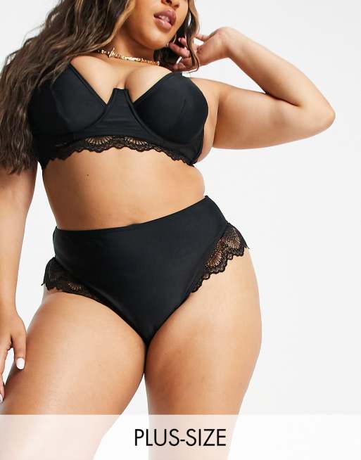 Esclusiva Wolf & Whistle Curve - Slip bikini a vita alta con bordo in pizzo neri
