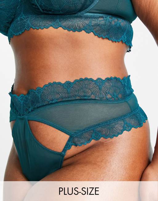 Esclusiva Wolf & Whistles Curve - Perizoma a vita alta in rete con finiture in pizzo verde-azzurro con cut-out