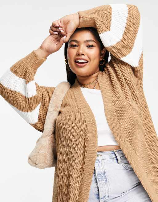 Esclusiva Yours - Cardigan stile college color cammello con righe laterali, 2 di 4