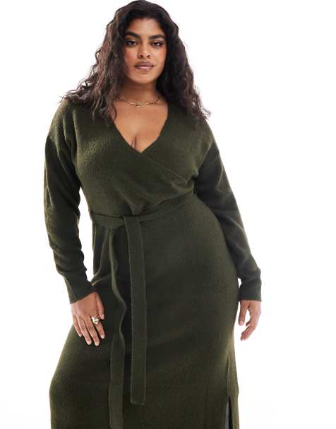 Esclusiva Yours - Vestito midi a portafoglio in maglia kaki con scollo a V - view 1