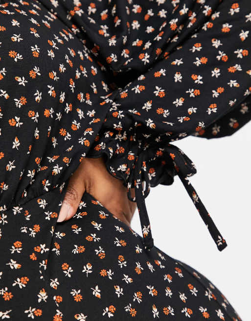 Esclusiva Yours - Vestito midi milkmaid nero a fiorellini, 2 di 4