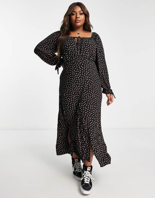 Esclusiva Yours - Vestito midi milkmaid nero a fiorellini, 4 di 4