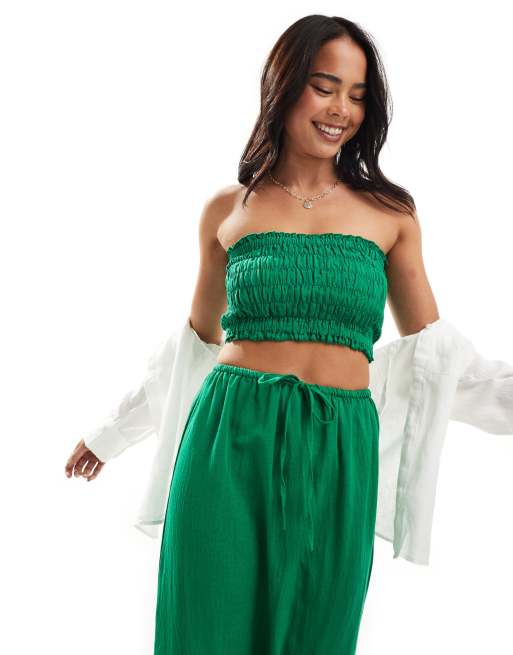 Esmee bandeau beach crop top in green linen (part of a set)