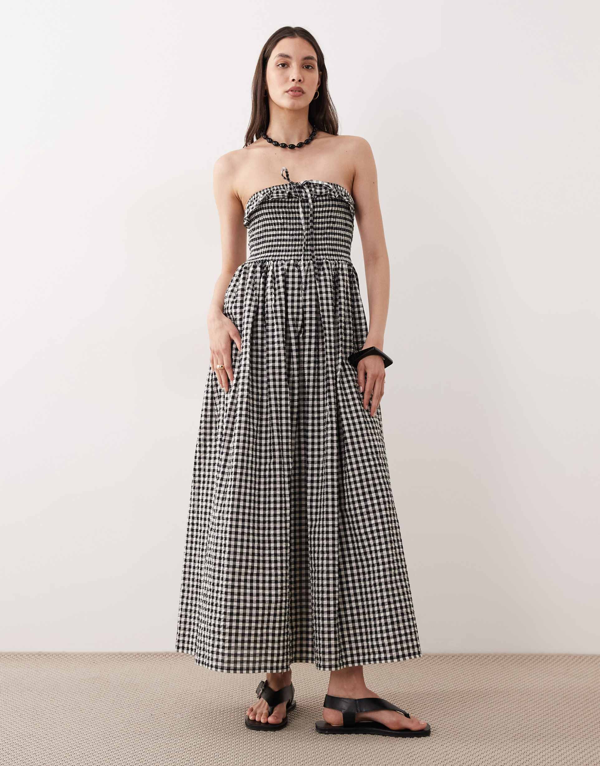 esmée bandeau maxi beach dress in black & cream gingham
