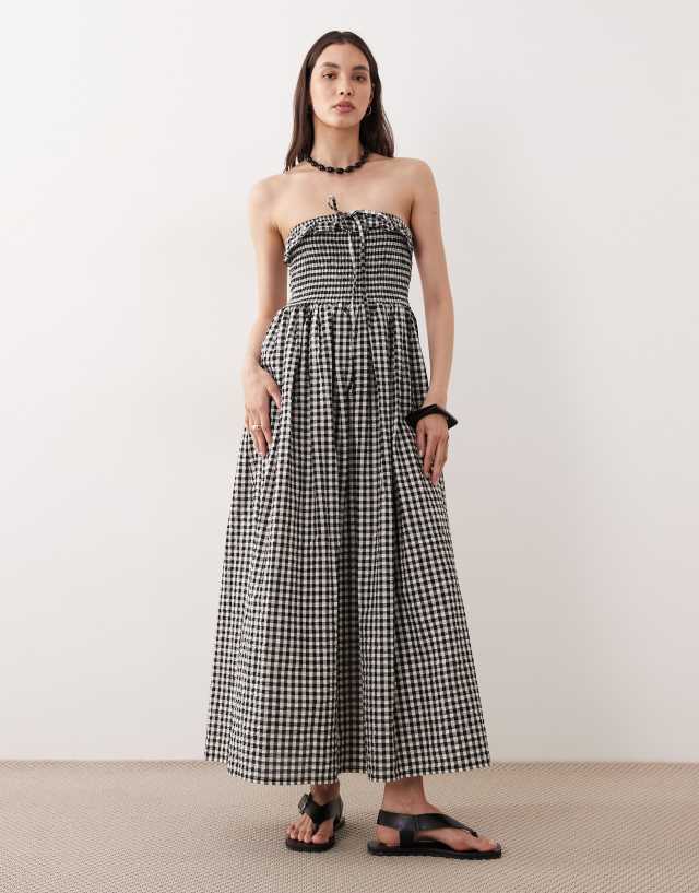 bandeau maxi beach dress Esmée in black & cream gingham Black Dress Song Music MEM24 layered top and gathered Size:6 UK / 7 US