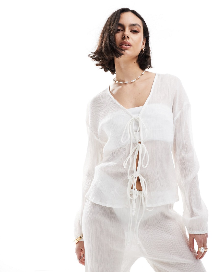 Esmee beach long sleeve tie front textured sheer shirt co-ord in white