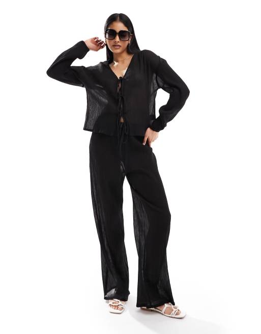 Esmee beach long sleeve tie front textured shirt co-ord in black, 2 of 4