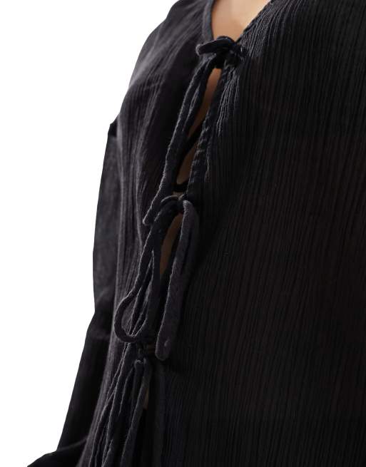 Esmee beach long sleeve tie front textured shirt co-ord in black, 3 of 4
