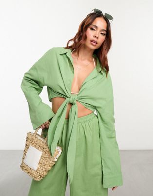 Esmee beach loose fit tie front shirt co-ord in sage green