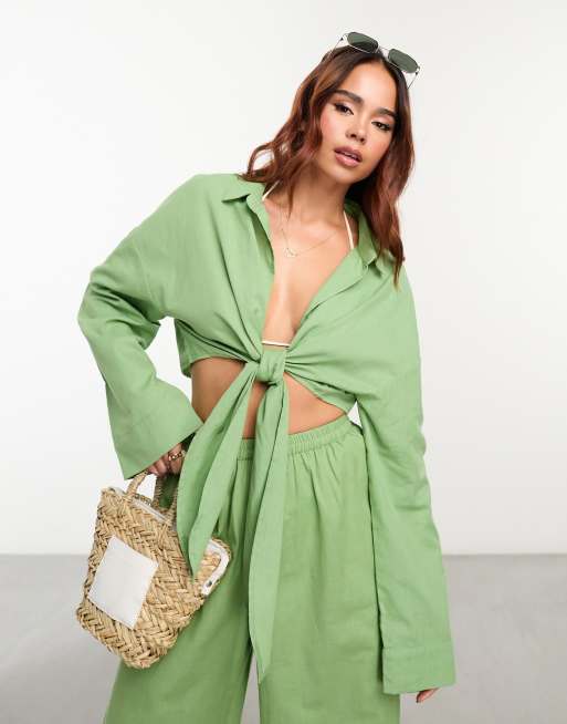 Esmee beach loose fit tie front shirt co-ord in sage green | ASOS