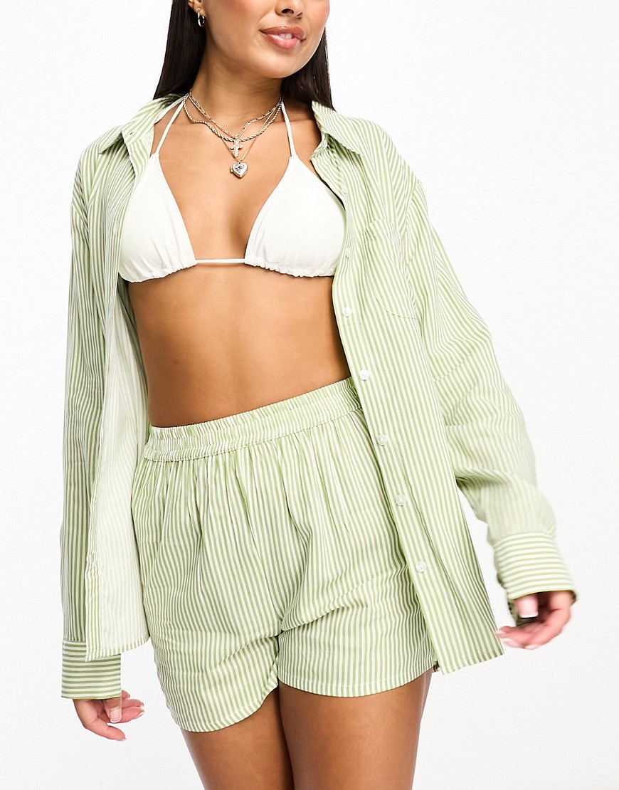 Esmee beach shirt co-ord in olive green and white stripe