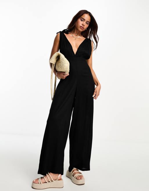 Esmee beach shoulder tie jumpsuit with elasticated waist in black | ASOS