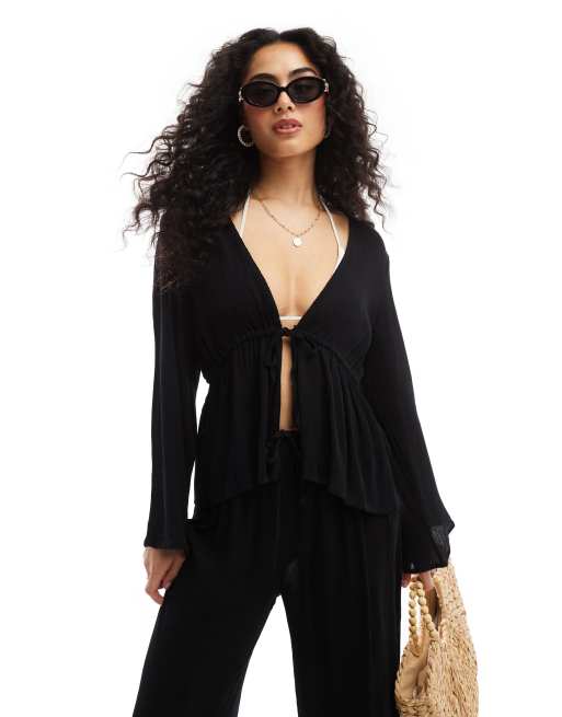 Esmée - Camicia da spiaggia a maniche lunghe nera stropicciata allacciata sul davanti in coordinato