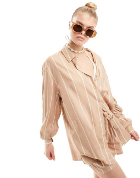 Esmée - Chemise de plage d'ensemble oversize à manches longues et rayures - Beige et blanc - view 1