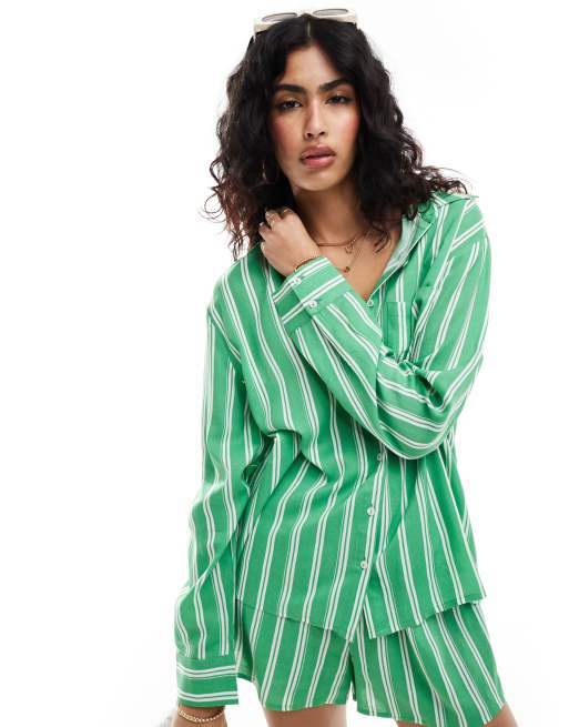 Esmée - Chemise de plage d'ensemble oversize à rayures et manches longues - Vert