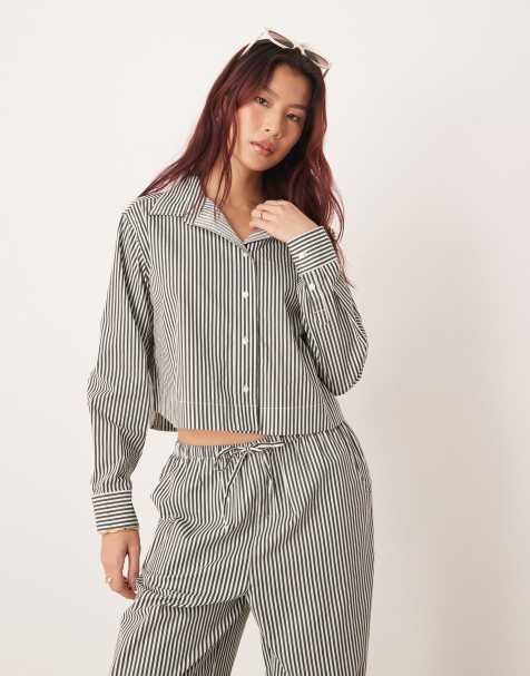 Esmée crop beach shirt in green stripe (Part of a set) - view 1