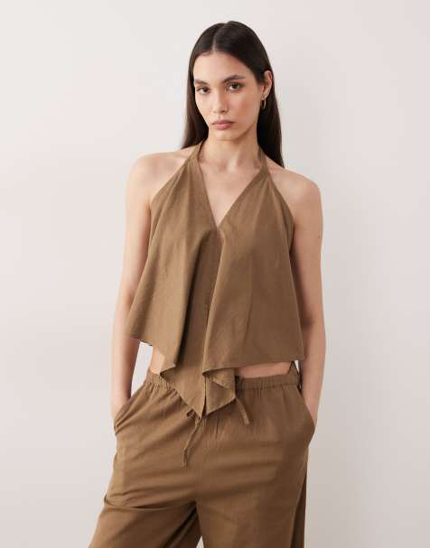Esmée - Crop strandtop met halternek in kaki bruin, deel van co-ord set - view 1