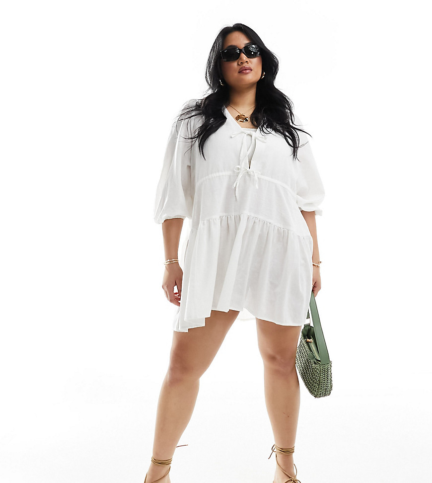 Esmee Curve beach tiered smock mini dress with tie front detail in white