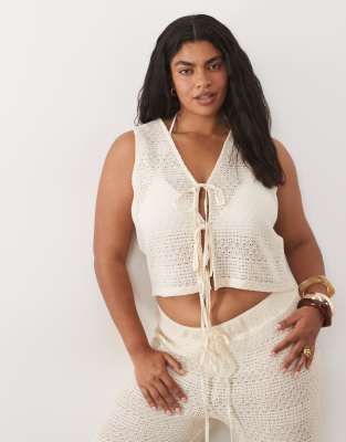 Esmee Curve Crochet Tie Front Beach Vest In Neutral