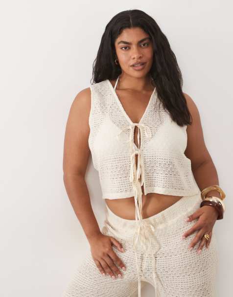 Esmee Curve crochet tie front beach vest in beige - view 1