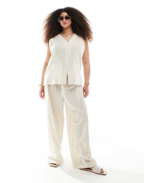 Esmee Curve Exclusive beach co-ord in beige and white stripe - view 1