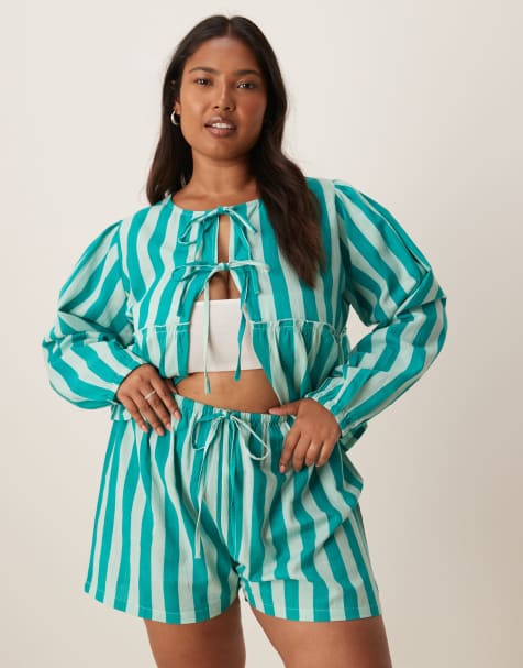 Esmee Curve Exclusive beach shorts in green stripes - part of a set - view 1