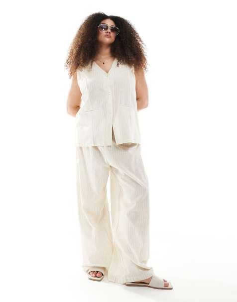 Esmee Curve Exclusive beach trouser co-ord in beige and white stripe