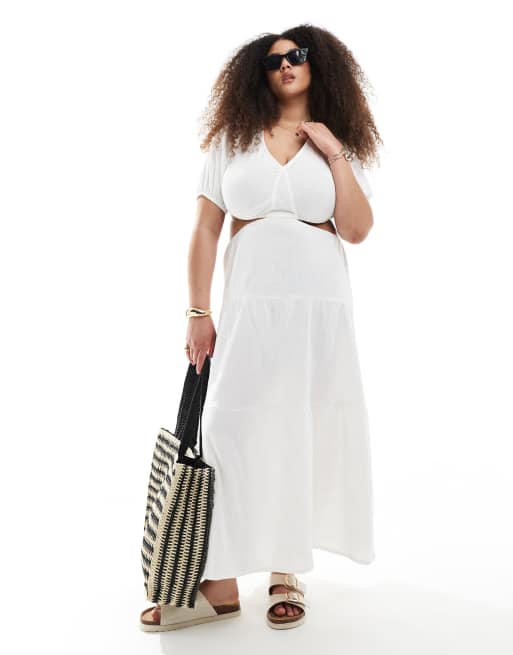 Esmee Curve Exclusive – Biała, warstwowa sukienka plażowa maxi z wycięciem
