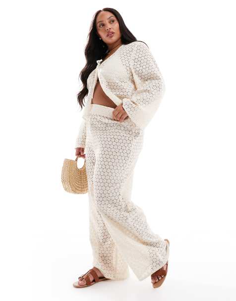 Esmee Curve Exclusive crochet beach trouser co-ord in cream - view 1