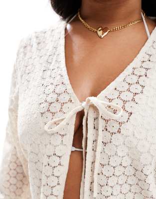 Esmee Curve Exclusive Crochet Long Sleeve Tie Front Beach Shirt In White