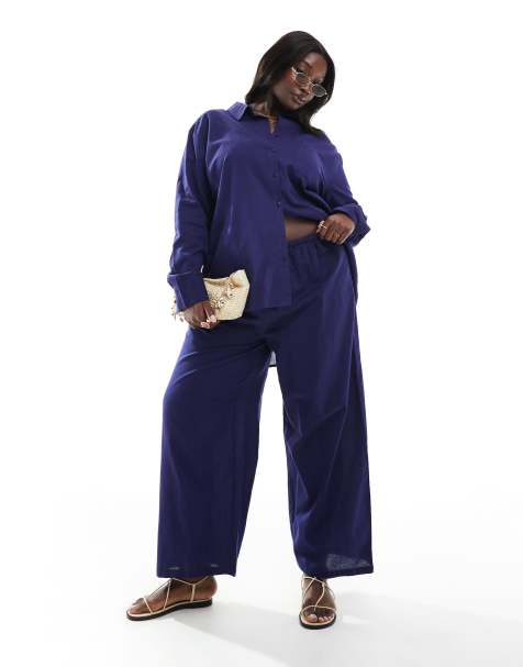 Esmee Curve Exclusive linen look drawstring beach trousers in blue - view 1