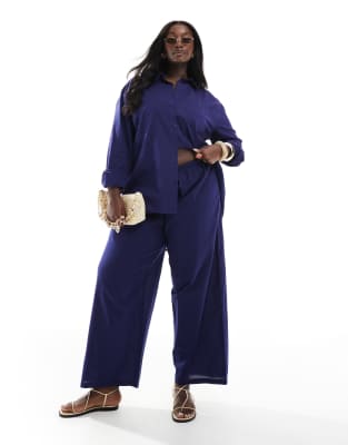 Esmee Curve Exclusive Linen Look Long Sleeve Beach Shirt In Blue