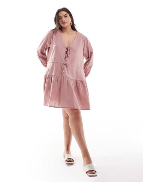 Esmee Curve Exclusive linen mix long sleeve tiered mini tie front beach dress in caramel 