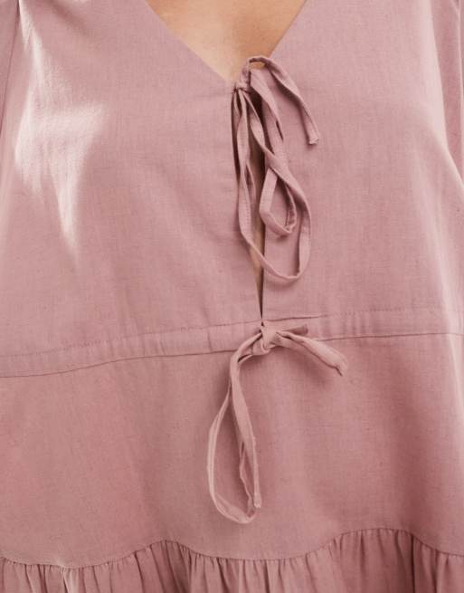 Esmee Curve Exclusive linen mix long sleeve tiered mini tie front beach dress in caramel , 4 of 4