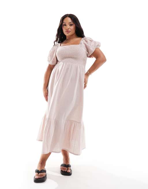 Esmée Curve - Exclusive - Maxi jurk met pofmouwen en rimpeleffect in lichtbeige
