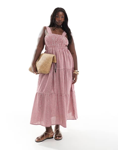 Esmee Curve - Exclusive - Maxi-strandjurk met gingham ruit en stroken in rood en wit - view 1