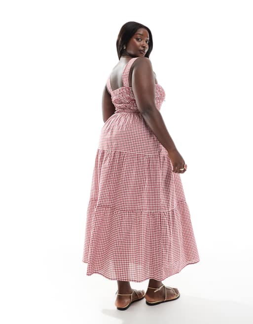 Esmee Curve - Exclusive - Maxi-strandjurk met gingham ruit en stroken in rood en wit, 2 van 4